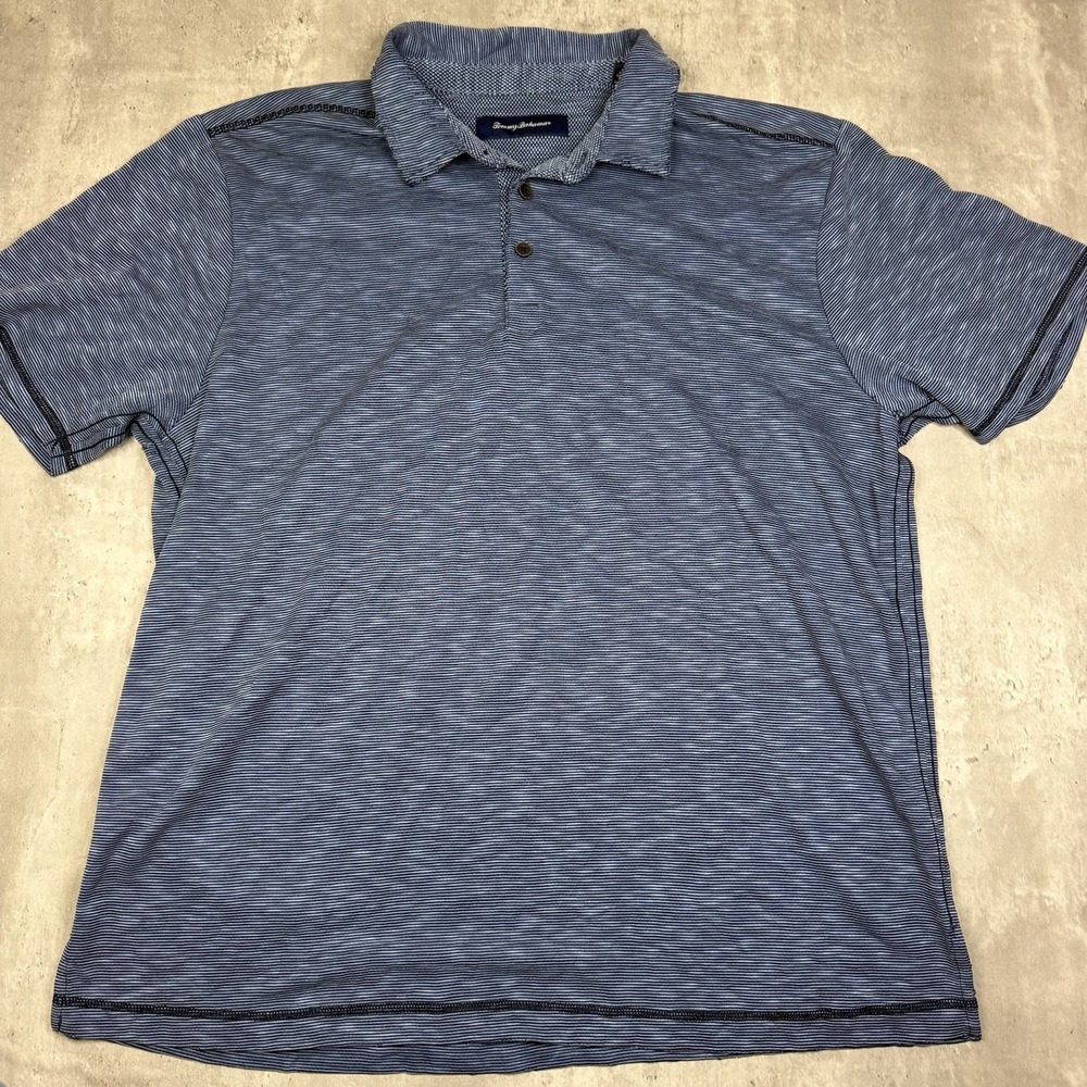 Tommy Bahama Polo Shirt Mens XL Blue Striped Short Sleeve Button Up Casual